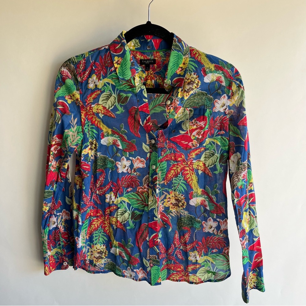 Talbots Petites Floral Hawaiian Sz SP Small Button Up Collared Long Sleeve EUC